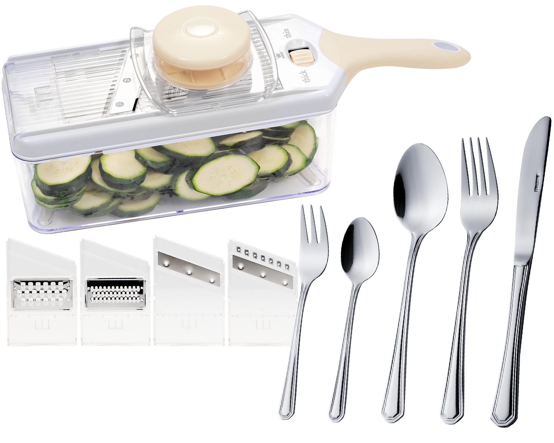 KING Multireibe Veggie-Reibe, Kunststoff, (Set, 31-St., 1 Reibe, 30 tlg. Besteck), Reibe inkl. Auffangbehälter, 4 Klingeneinsätze
