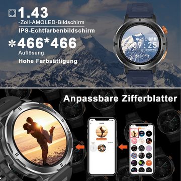 HYIEAR Smartwatch Damen und Herren, 1,43 Zoll, Bluetooth Kopfhörer 5.3 Smartwatch, mit austauschbaren Armbändern, Ladekabeln Drei Paar Ohrstöpsel, Sportarmband, Fitnessuhr