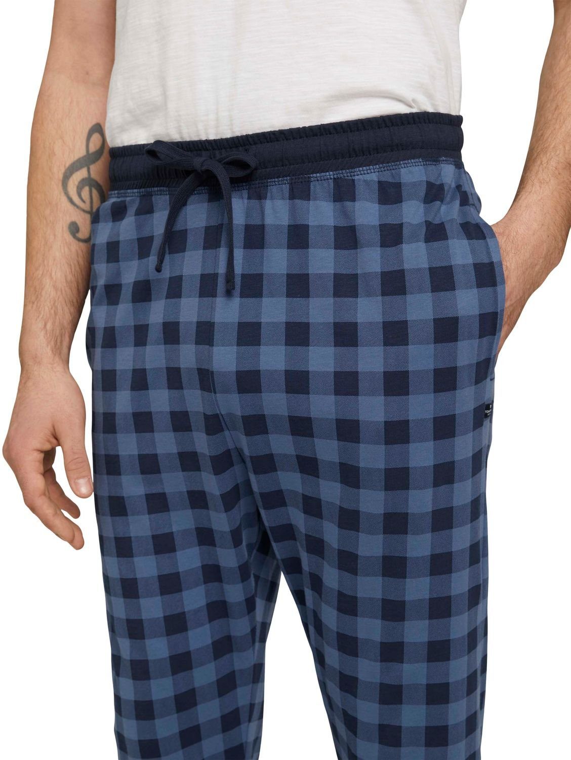 TOM TAILOR Pyjama (nur seitlichen Pyjamahose, Taschen Sofahose mit kariert 1 Blau tlg) Hose, Schlafhose