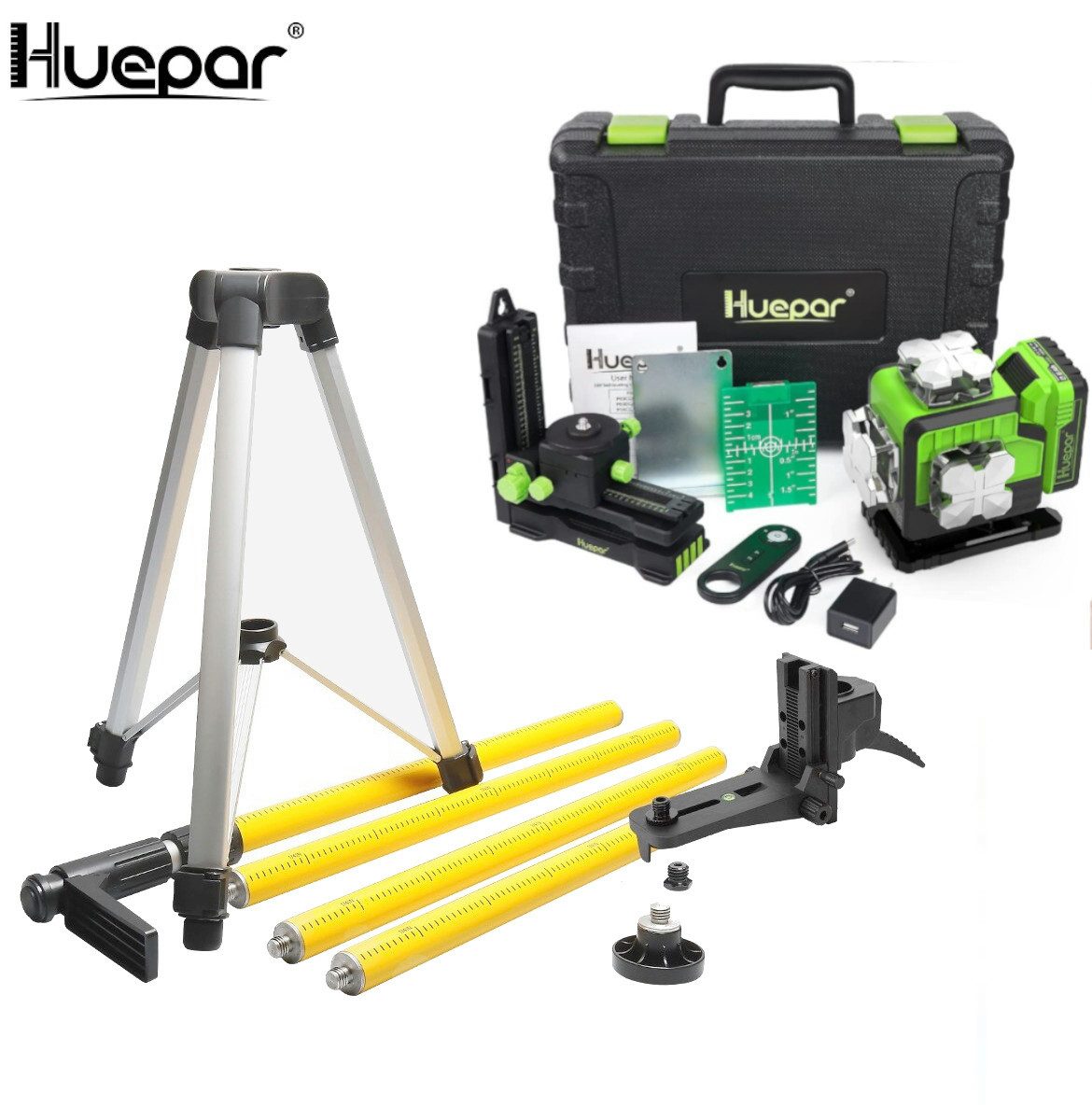 Huepar Kreuzlinienlaser Huepar P04CG 4D Kreuzlinienlaser mit Fernbedienung im Koffer