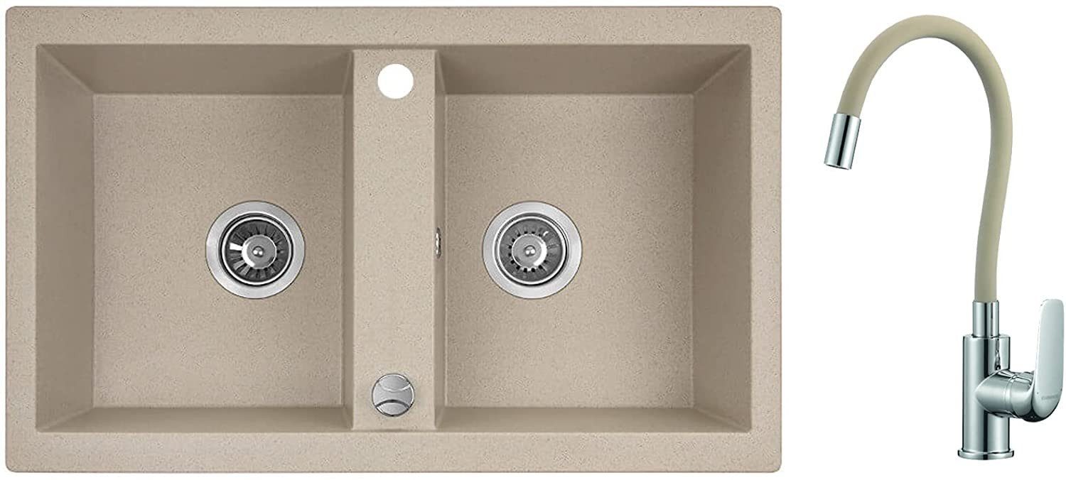 KOLMAN Küchenspüle Elza Set Doppelbecken Granitspüle und Spültischarmatur, Rechteckig, 48/78 cm, Beige, Siphon & Ablauf im SET