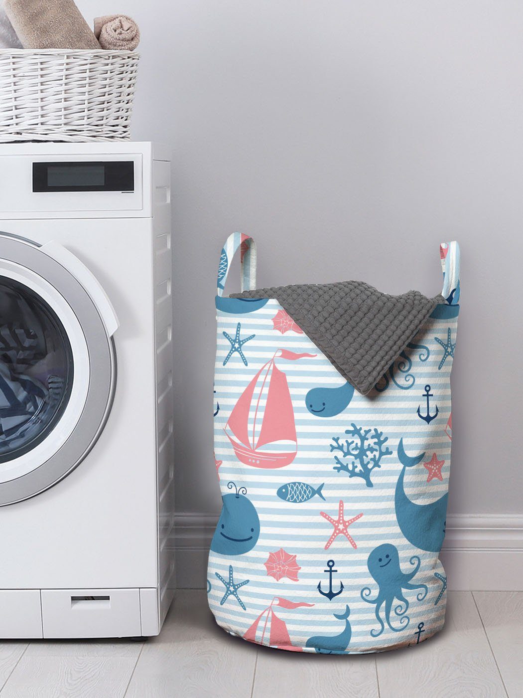 Abakuhaus Wäschesäckchen Wäschekorb Motiv für Waschsalons, Griffen Octopus Schiff mit Nautischen Kordelzugverschluss Stripes