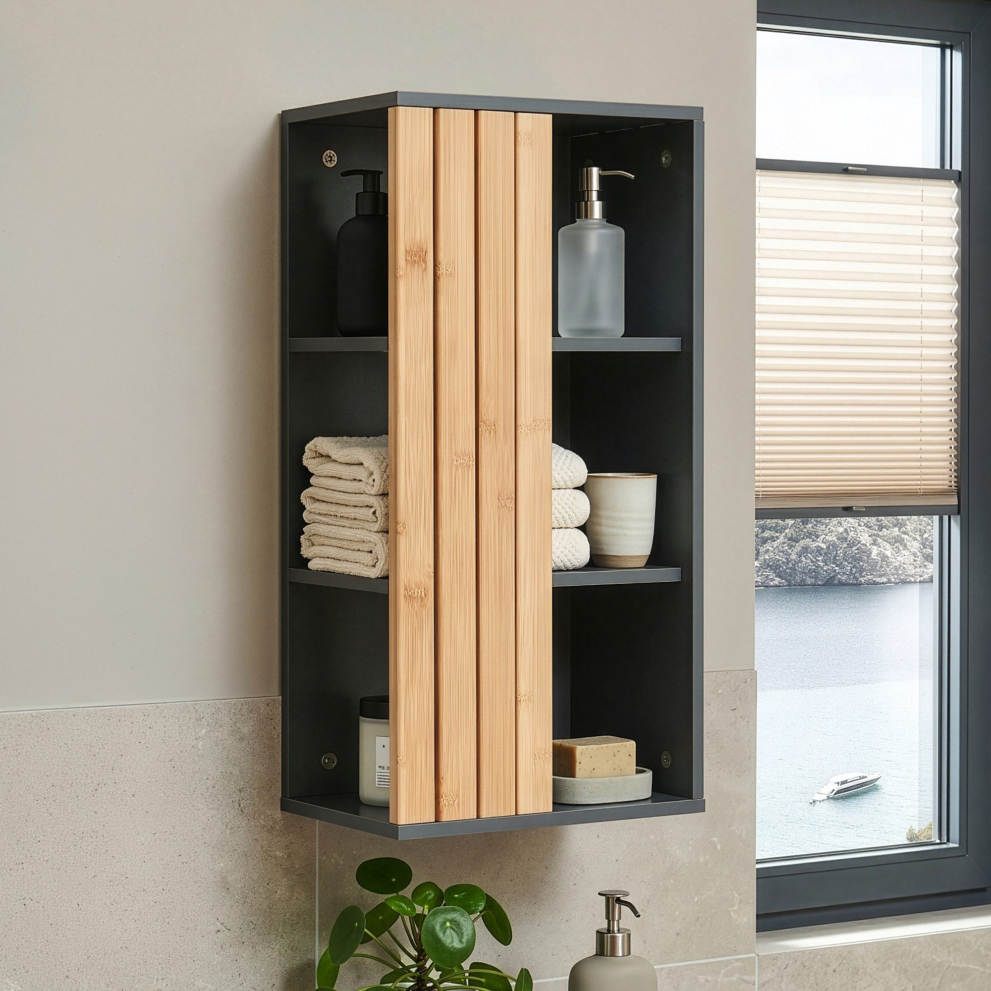 en.casa Hängeschrank »Svanes« 60 x 30 x 20 cm mit 3 Ablagefächern Dunkelgrau/Natur
