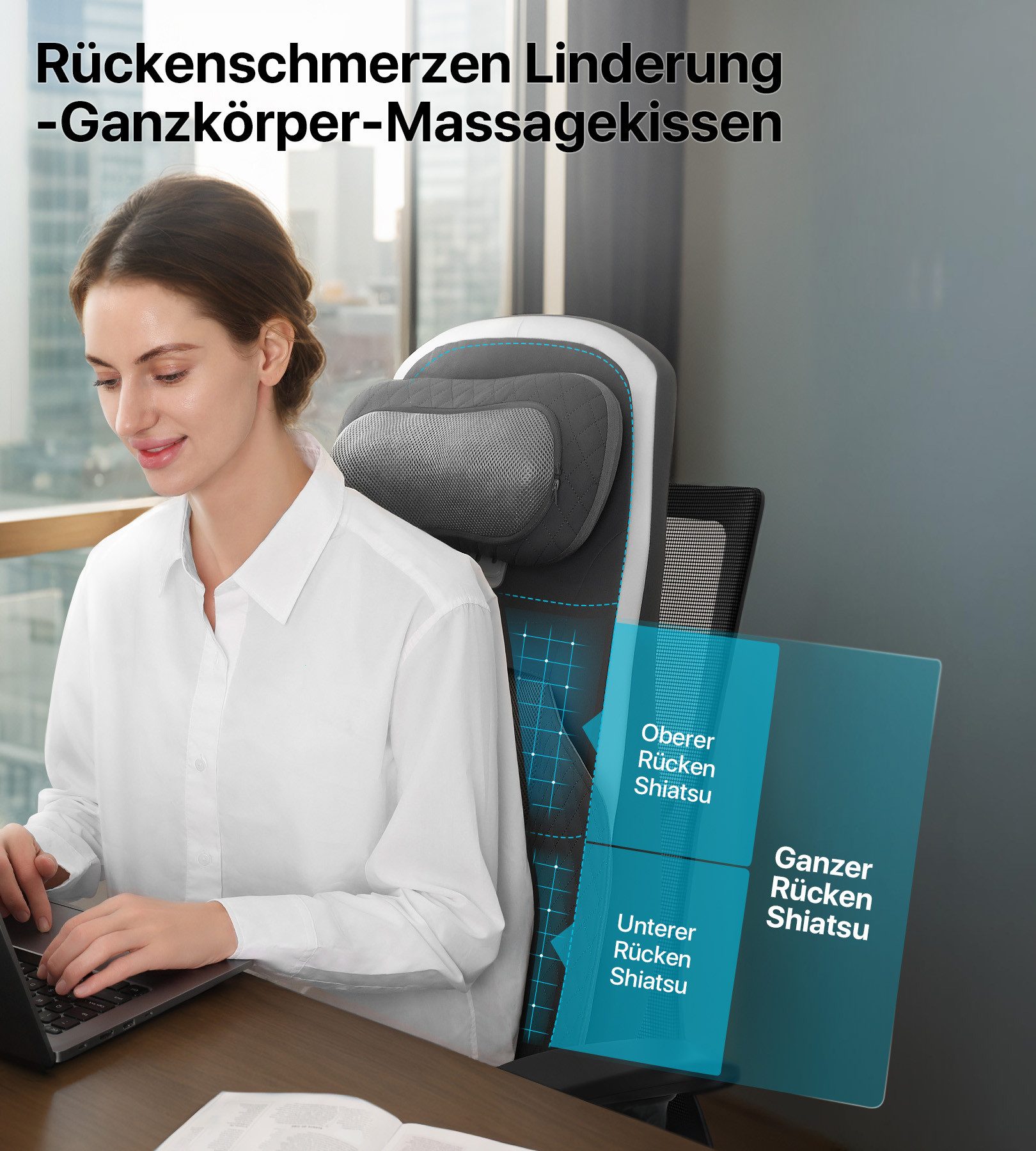 ALLJOY Massagesitzauflage Shiatsu‑Massagesitzauflage,Massage‑Sitzkissen,Rücken‑Massageauflage, Wärmefunktion, Abnehmbarer waschbarer Bezug,Intensitätsregulierun – Bild 3 von 5