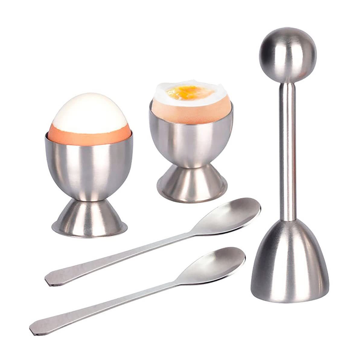 SURFOU Eierköpfer Eierschalenschneider Set 5-tlg. mit Eierbechern und Löffeln, (Eierköpfer aus Edelstahl mit 2 Eierbechern und 2 Löffeln, zum einfachen Öffnen von weich- und hartgekochten Eiern, ideal für Frühstück und Desserts, 5-tlg., Eierschalenöffner,