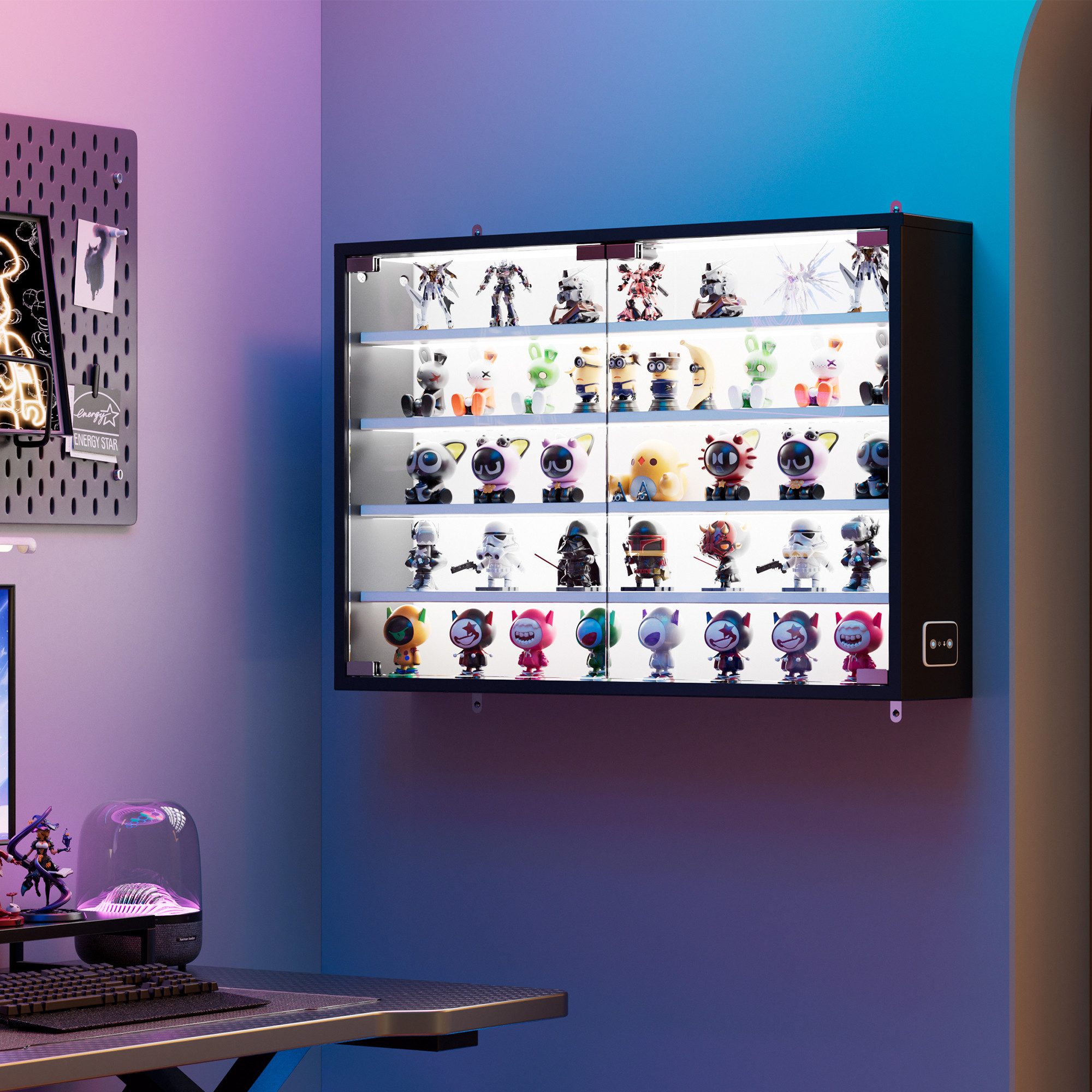 TWSOUL Hängevitrine LED Wandvitrine mit Intelligente Sensorik und Pop-up-Design bis 25kg 5-Lagen Glasvitrine Sammlervitrine Hängeregal mit Glastüren, 80*60cm