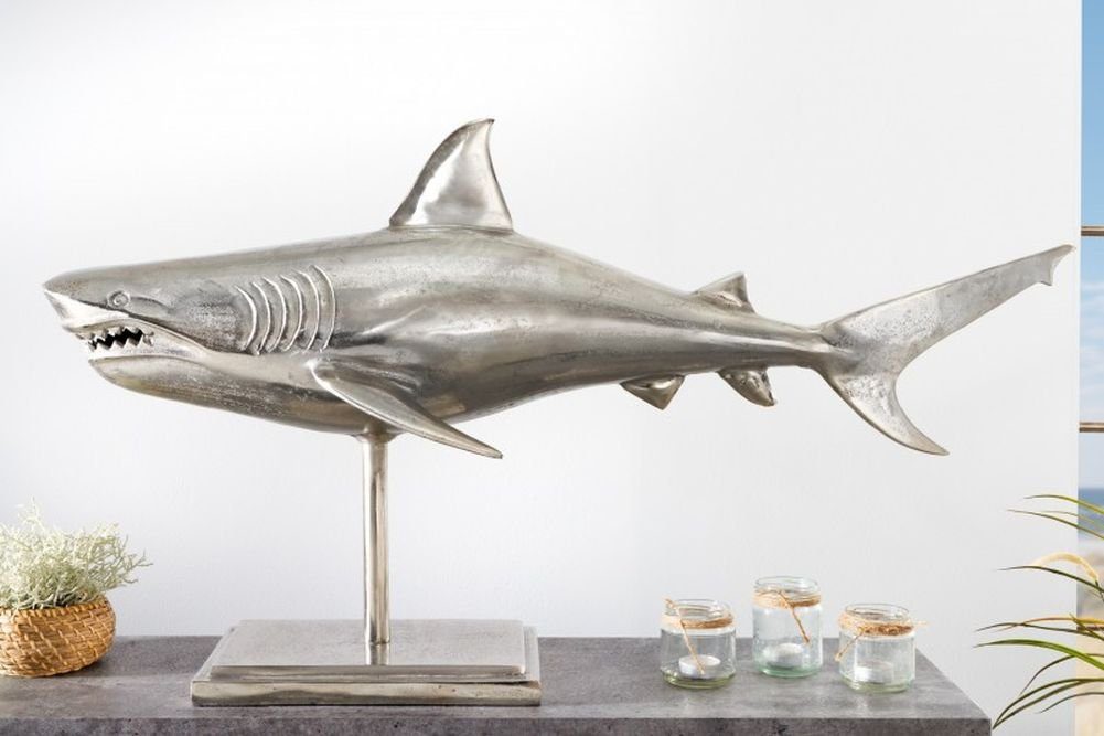 LebensWohnArt Dekoobjekt Deko-Figur Haifisch 103cm SHARK silber Aluminium  Maritim Hai Skulptur