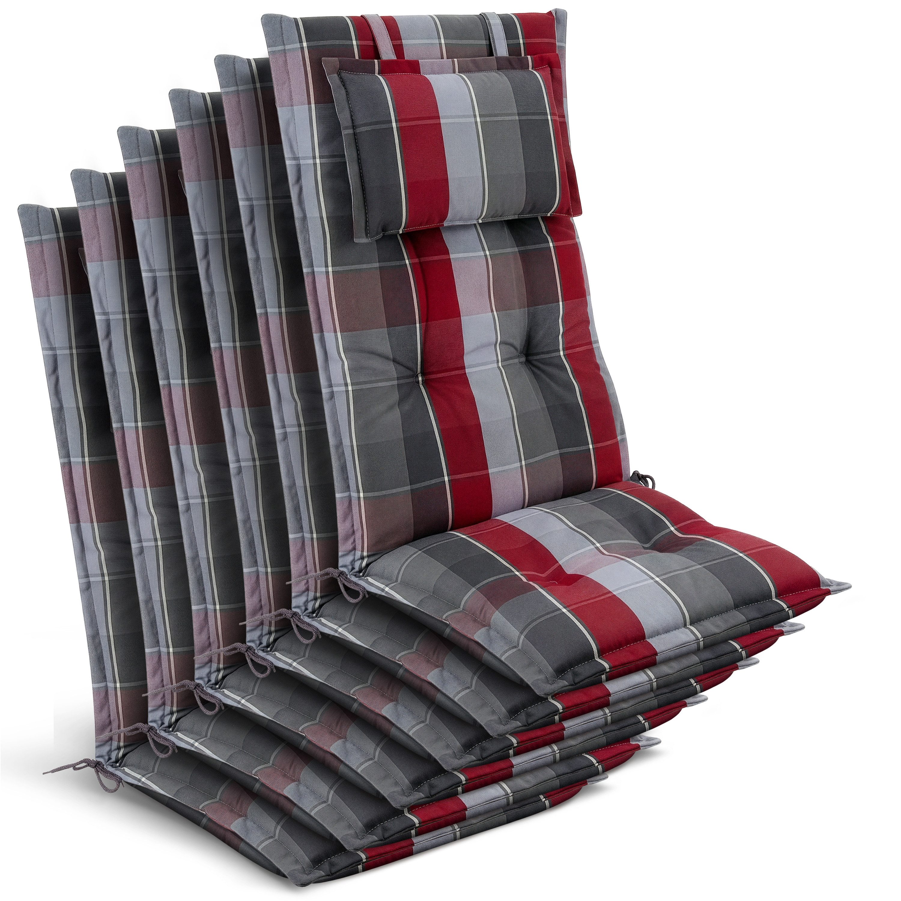 Beautissu Hochlehnerauflage 6x Premium Hochlehnerauflage 120x50x7cm, Grau-Rot-Hellblau-Kariert, Gartenstuhlauflage Hochlehner - Robuster Stoff & UV-Lichtechtheit