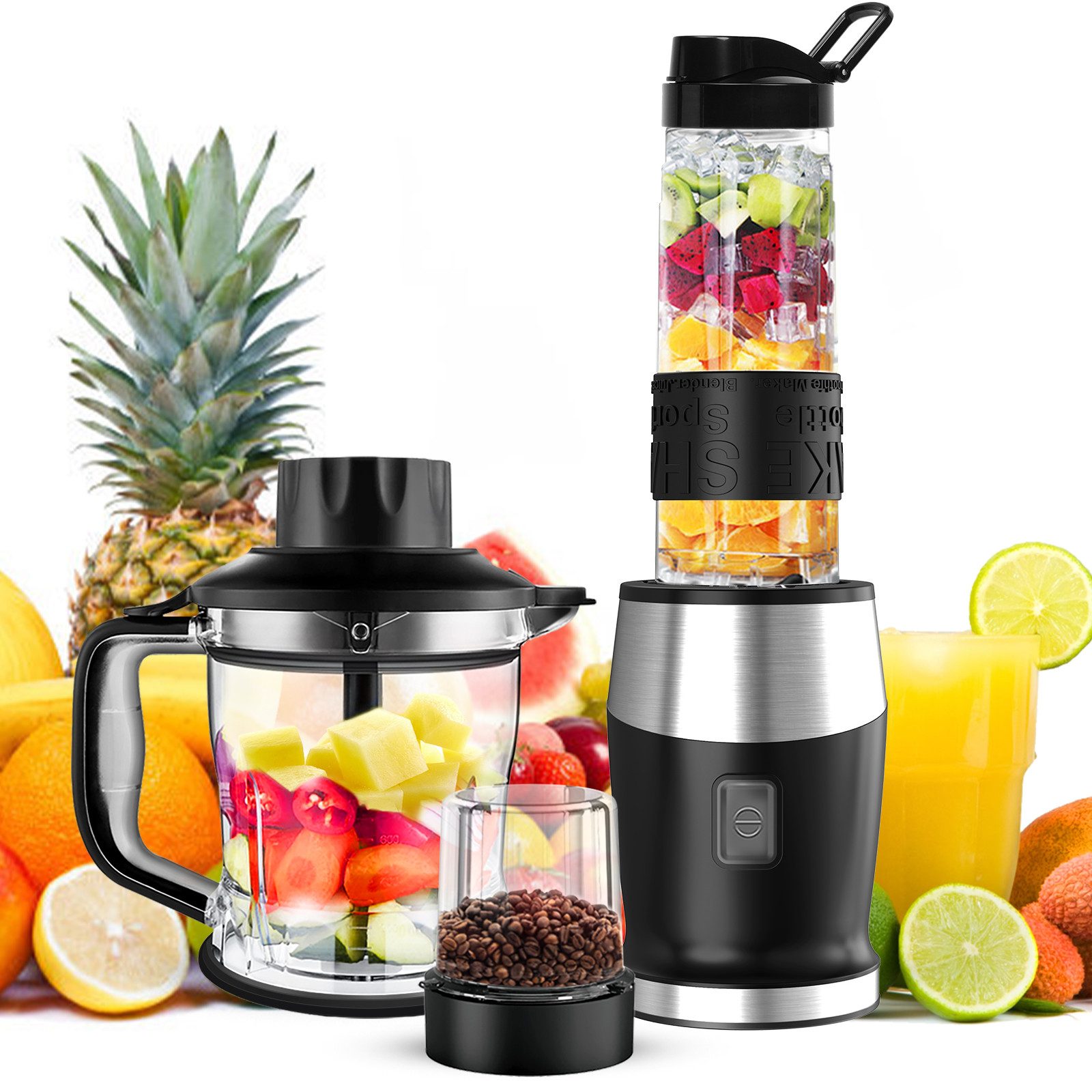 Fofile Настольные миксеры 3-in-1 Mixer Smoothie Maker Режущие инструменты & Mühle mit Tragbarer Becher, 700 W, 24.000 U/min, 4 scharfen Edelstahlmessern, Ein-Knopf-Bedienung