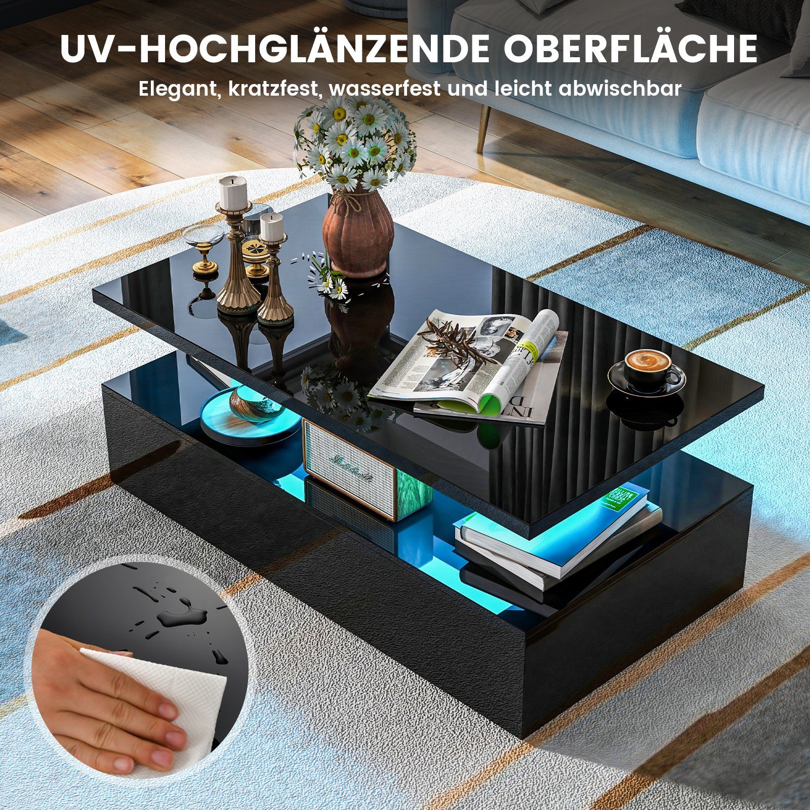 COSTWAY Couchtisch 110cm Wohnzimmertisch mit LED 20 Farben, Stauraum hochglanz – Bild 3 von 5
