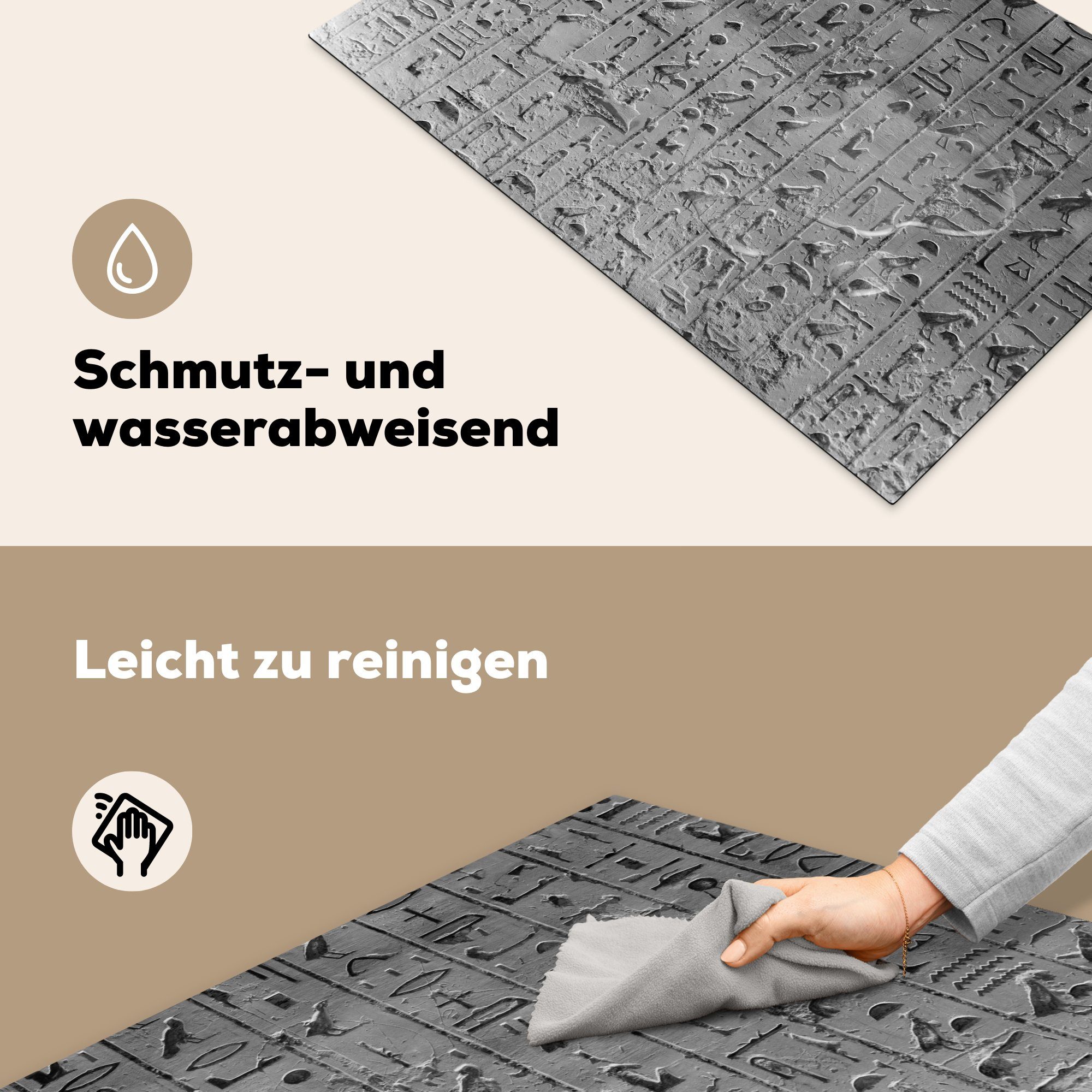 Vinyl, für - küche, Schutz MuchoWow Induktionskochfeld Ceranfeldabdeckung 81x52 - - cm, Hieroglyphen (1 Herdblende-/Abdeckplatte Ägypten die Weiß, Schwarz tlg),