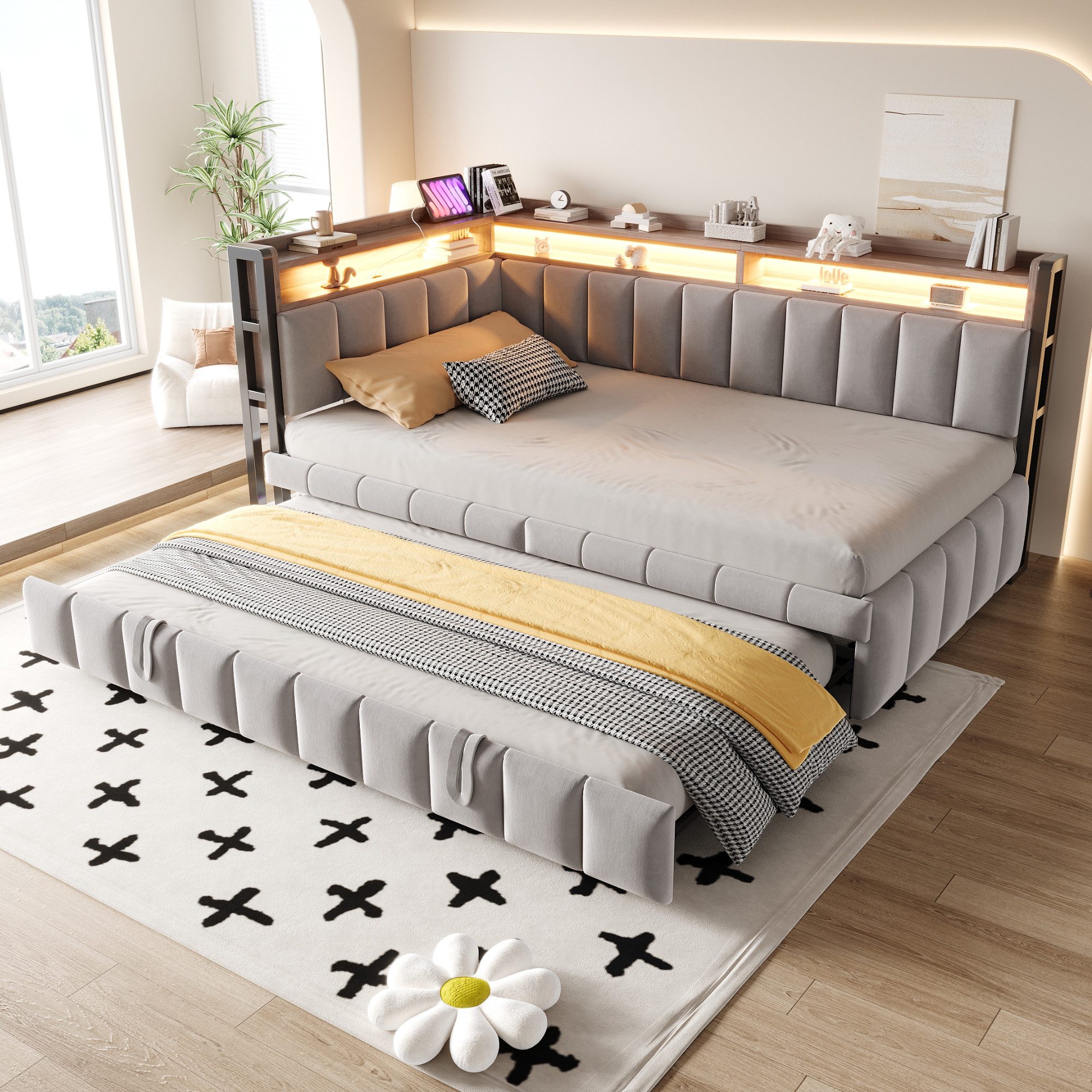 Flieks Daybett, LED Polsterbett Schlafsofa 90x200cm mit Aufladen, Ausziehbett 90x190cm