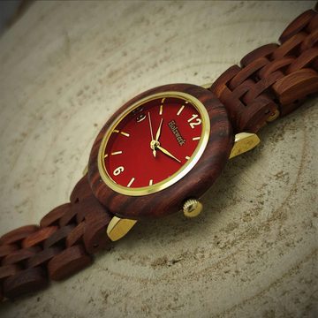 Holzwerk Quarzuhr THALE kleine Damen Edelstahl & Holz Armband Uhr, braun, rot, gold