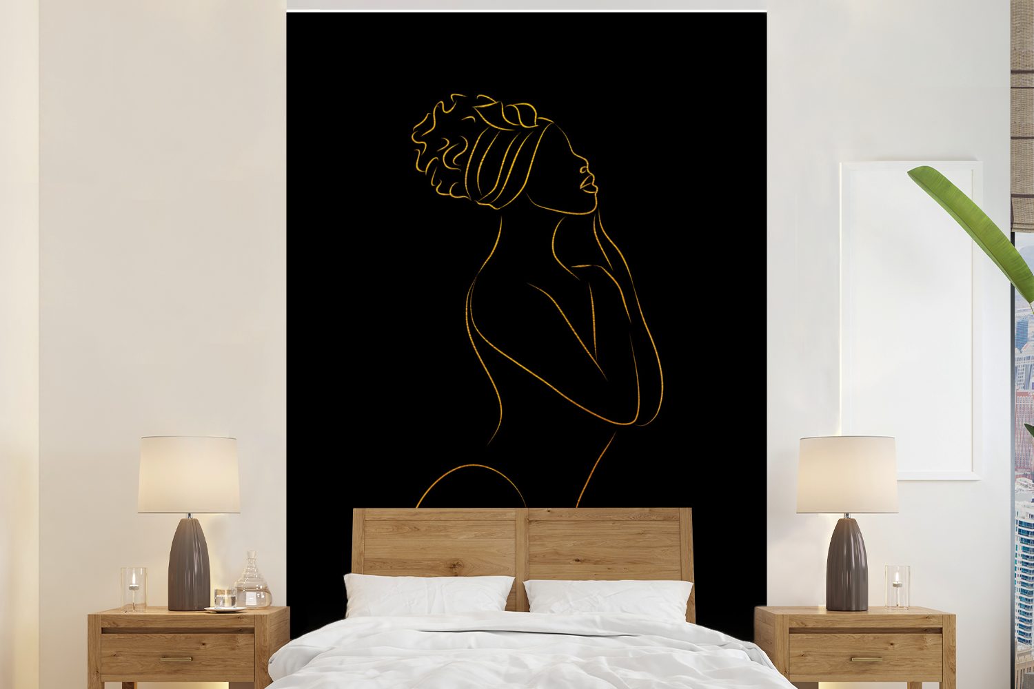 MuchoWow Fototapete Frau - Gold - Schwarz - Strichzeichnung, Matt, bedruckt, (3 St), Montagefertig Vinyl Tapete für Wohnzimmer, Wandtapete