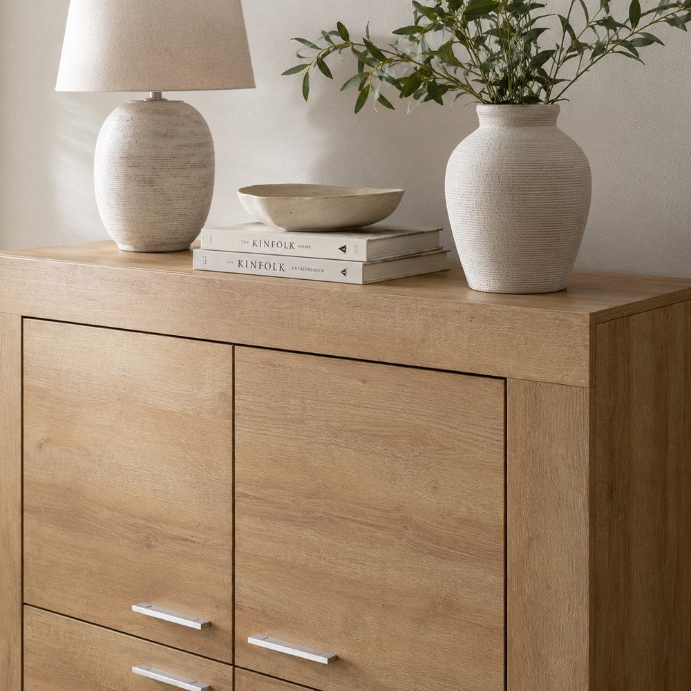 Lomadox Wohnwand STEGNA-160, (4-St., Vitrine Lowboard Wandboard Highboard), Eiche Nb., mit Beleuchtung, Softclose Türen