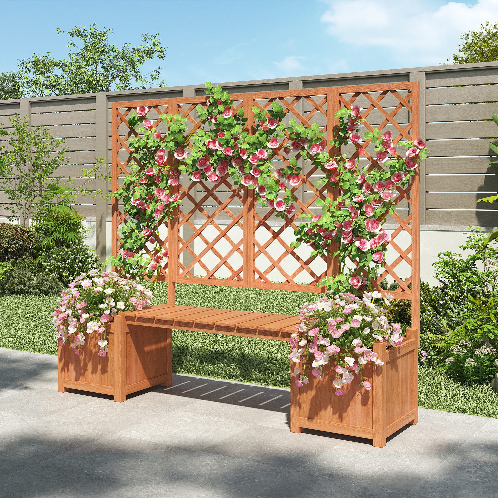 Flieks Pflanzkübel, Hochbeet Blumenkübel Pflanzkasten mit Spalier und Sitz 169x145x42cm