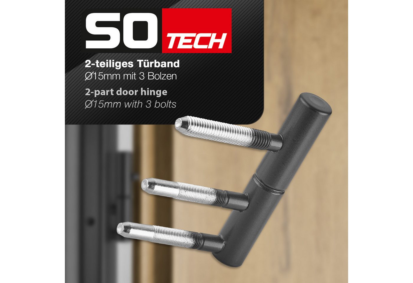 Thumbnail - SO-TECH® Türbeschlag Türband OLAV Ø 15 mm schwarz pulverbeschichtet DIN-konform (Spar-Set), 2tlg mit 3 Gewindebolzen, St...