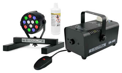 Showlite Discolicht SN-400 Nebelmaschine mit Licht und 1 Liter Fluid, Smoke Machine, LED fest integriert, RGBW, inkl. Smart Party Spot Scheinwerfer und Bodenstativ