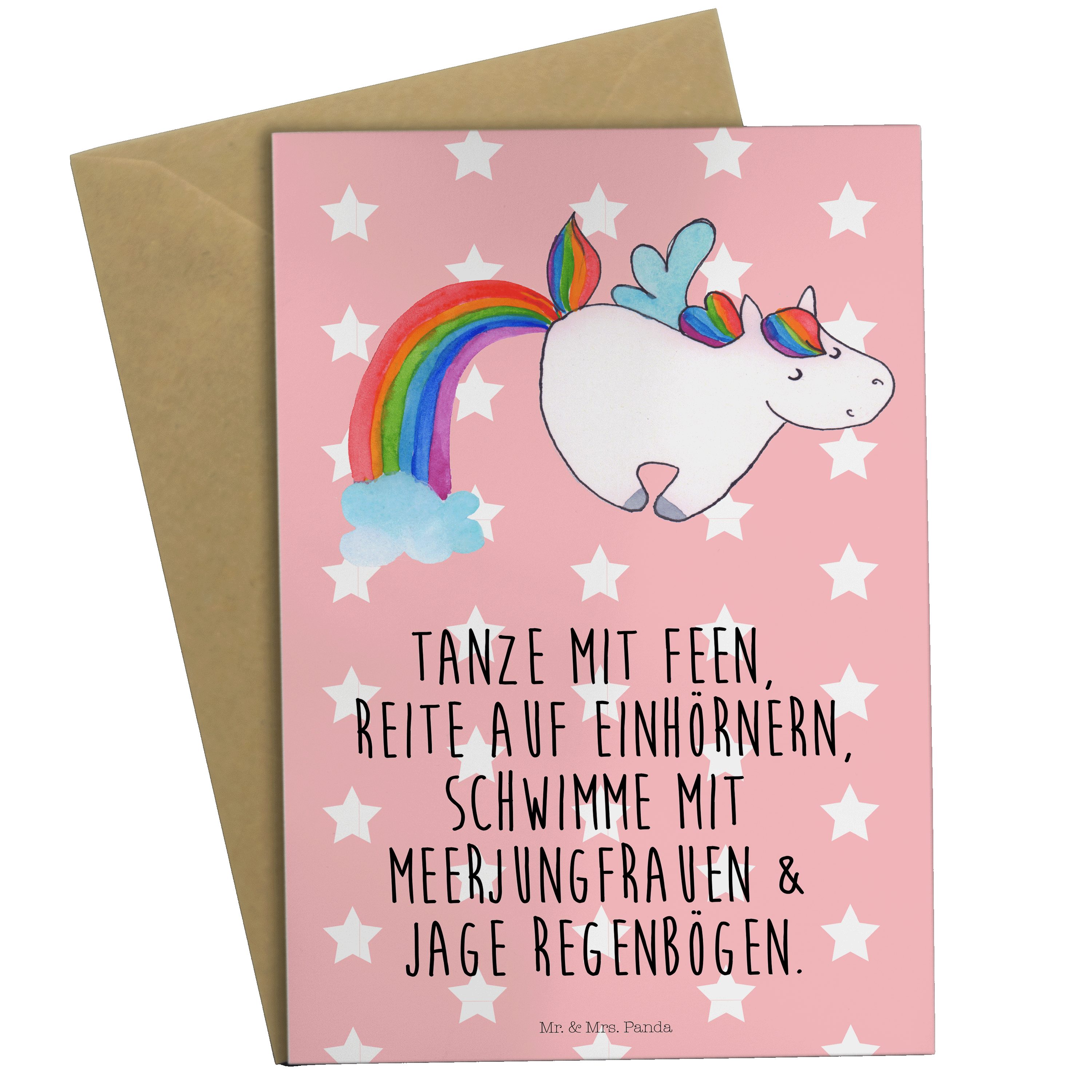 Mr. & Mrs. Panda Grußkarte Einhorn Pegasus - Rot Pastell - Geschenk, Unicorn, Erwachsenwerden, K