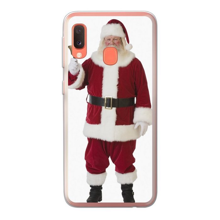 MuchoWow Handyhülle Der ikonische Weihnachtsmann läutet seine Glocke auf einem weißen Handyhülle Samsung Galaxy A20e Smartphone-Bumper Print Handy