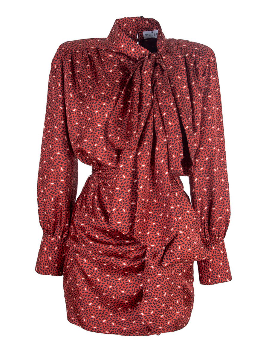 RUA & RUA Cocktailkleid Mini Seidenkleid in Rot mit Drapierung Schleifenkragen mit Drapierung und allover Print