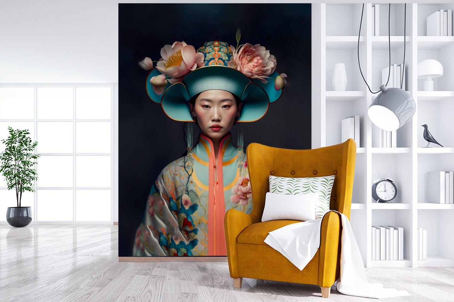 Blumen, Frauen Matt, MuchoWow Porträt - Wandtapete Montagefertig (4 Wohnzimmer, bedruckt, - Asiatisch Vinyl St), - Tapete Fototapete Kleidung für -