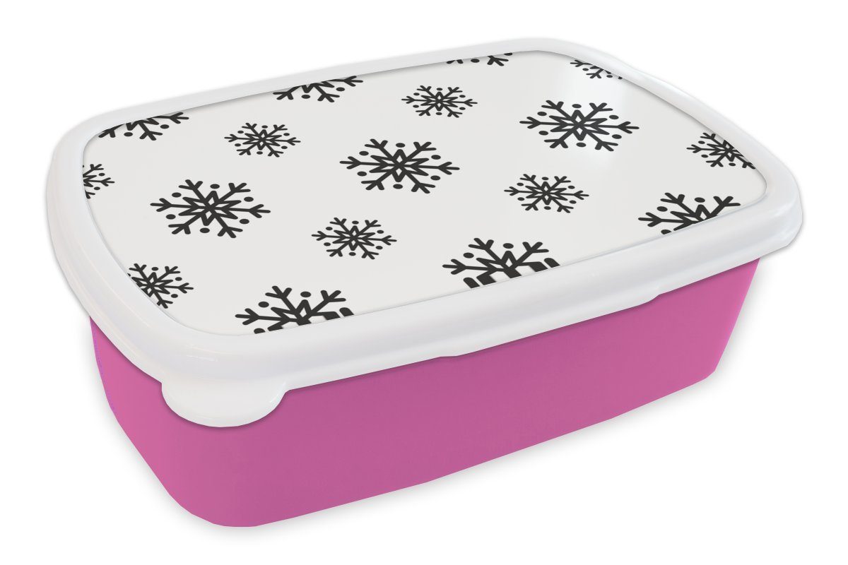 MuchoWow Lunchbox Schneeflocke - Winter - Schwarz - Weiß - Muster, Kunststoff, (2-tlg), Brotbox für Erwachsene, Brotdose Kinder, Snackbox, Mädchen, Kunststoff rosa