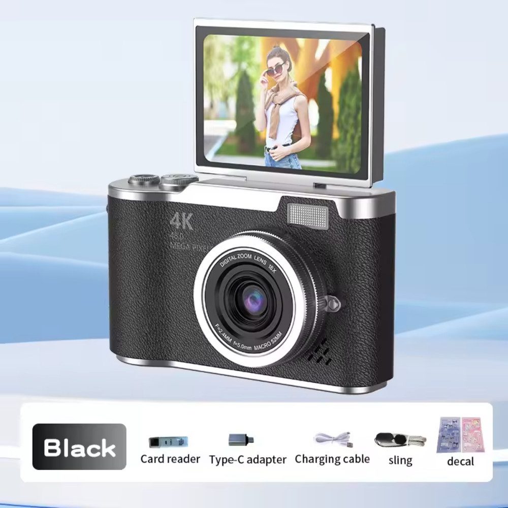 Athlix Fotokamera 8X Digitalzoom Vintage Vlog 180° mit Klappbildschirm Vollformat-Digitalkamera (1080 MP, 8x opt. Zoom, 180°-Selfie-Klappdisplay, Automatische G – Bild 2 von 3