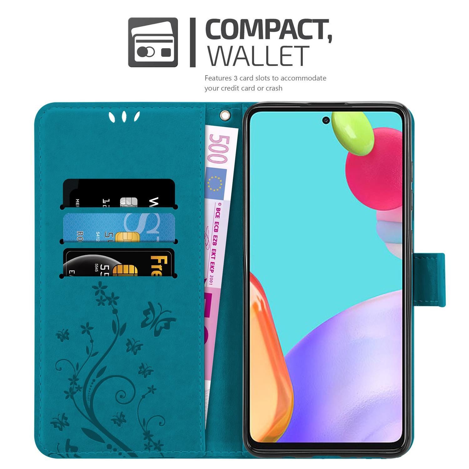 Cadorabo Handyhülle für Samsung Galaxy A52 (4G / 5G) / A52s Hülle Samsung Galaxy A52 (4G / 5G) / A52s, Hülle Schutzhülle Blumen Flower mit Standfunktion Kartenfach Magnet