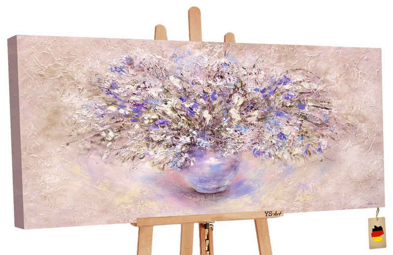 YS-Art Gemälde Stillleben, Blumen, Blumen Vase auf Leinwand Bild Handgemalt Lila Weiß Beige