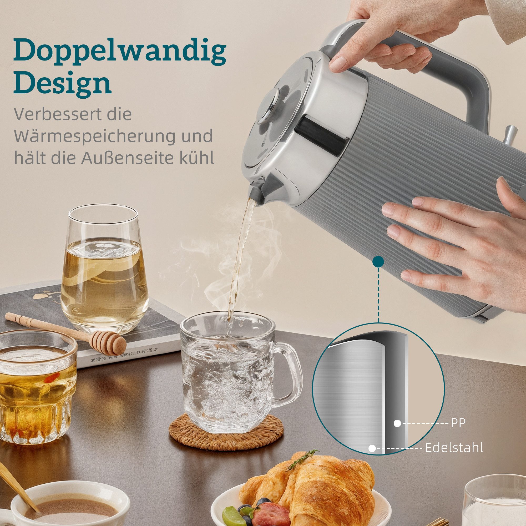HOMCOM Frühstücks-Set Wasserkocher Toaster Set 1,7L mit Edelstahl-Innenraum 2200W (2-tlg), 4 Scheiben Toaster mit 7 Bräunungsstufen, Kalkfilter – Bild 5 von 5