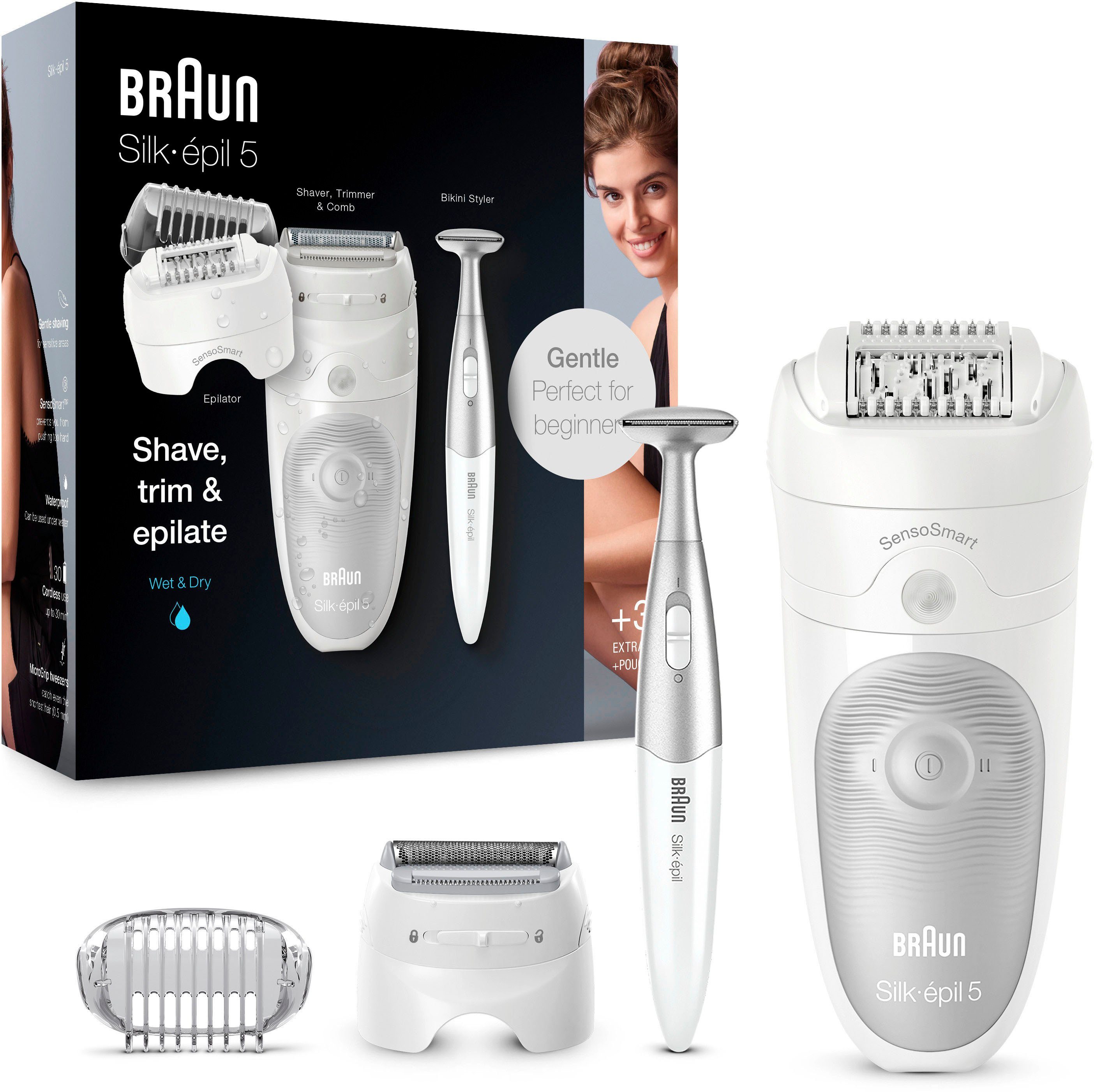 Braun Epilierer Silk-épil Drehkopf Dry-Epilation, St., 5 5-805, Wet & Aufsätze: 3 Micro-Grip-Pinzetten-Technologie