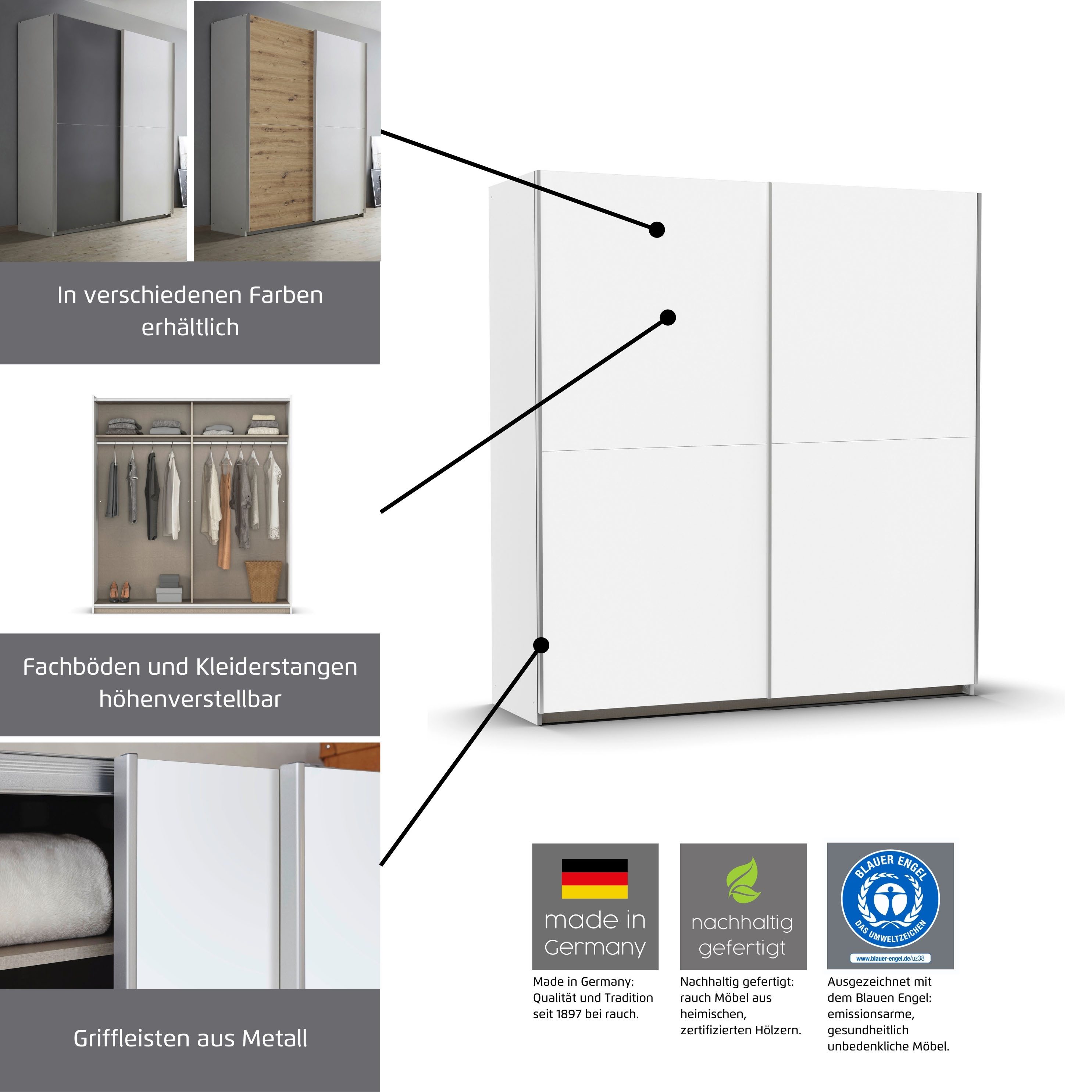 rauch Schwebetürenschrank Kleiderschrank Schrank Garderobe Wäscheschrank SATURN (3 verschiedene Ausstattungen BASIC/CLASSIC/PREMIUM (inkl. SOFT-CLOSE) zeitlose Farbkombinationen, B/H/T: 175/191/59 cm MADE IN GERMANY