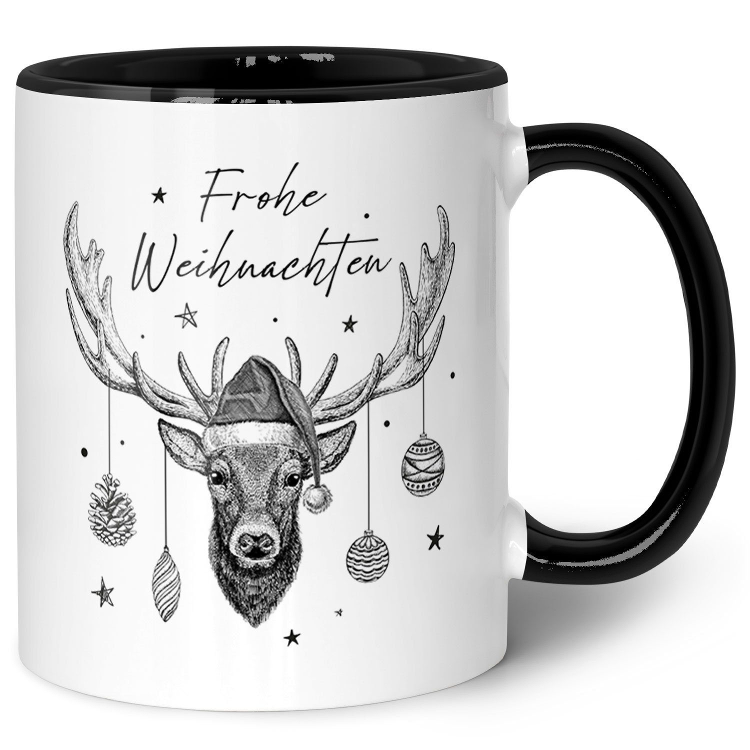 GRAVURZEILE Tasse mit Weihnachtsmotiv - Geschenke für Frauen & Männer zu Weihnachten, Frohe Weihnachten Elch - Schwarz und Weiß