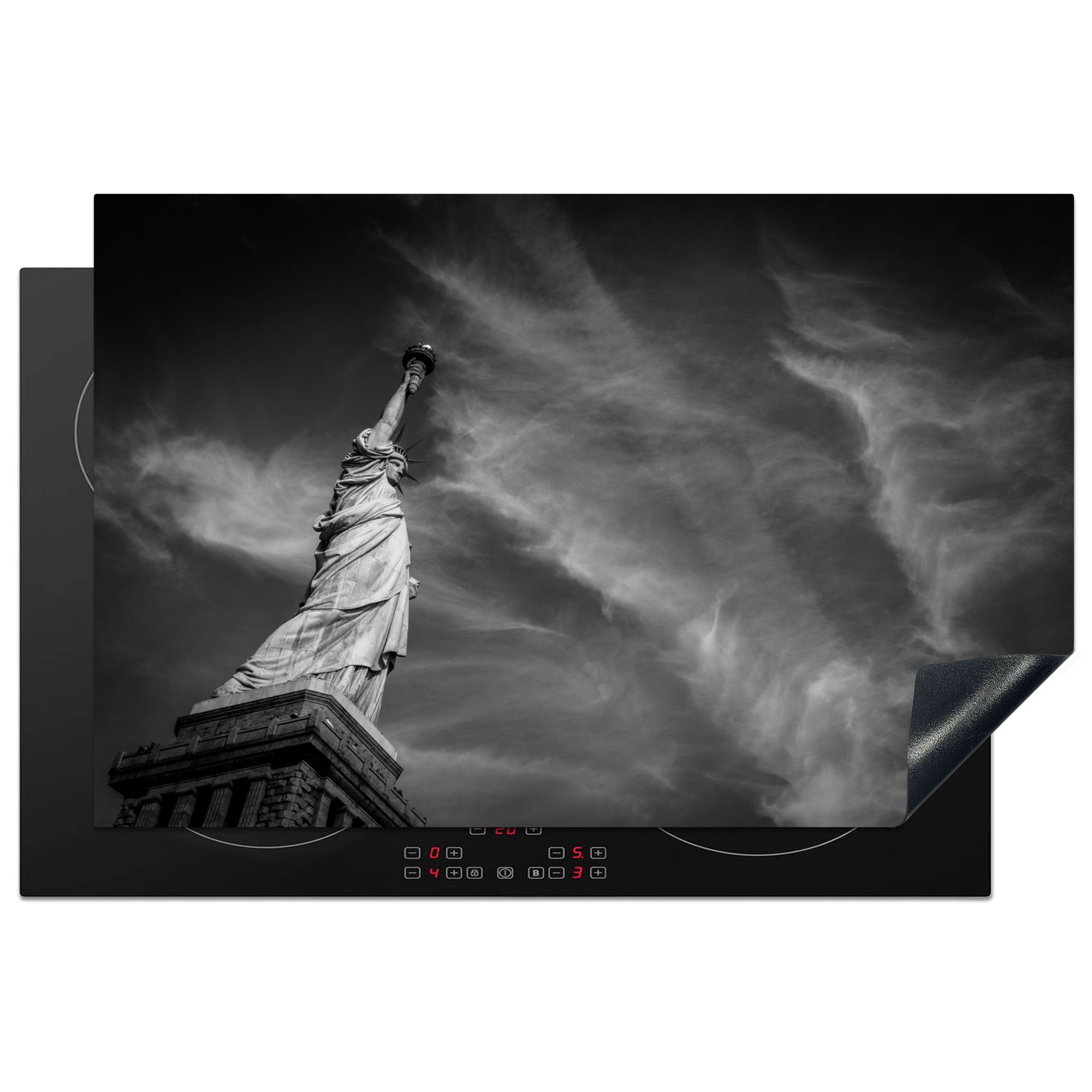 MuchoWow Herdblende-/Abdeckplatte Freiheitsstatue in New York in schwarz-weiß, Vinyl, (1 tlg), 81x52 cm, Induktionskochfeld Schutz für die küche, Ceranfeldabdeckung
