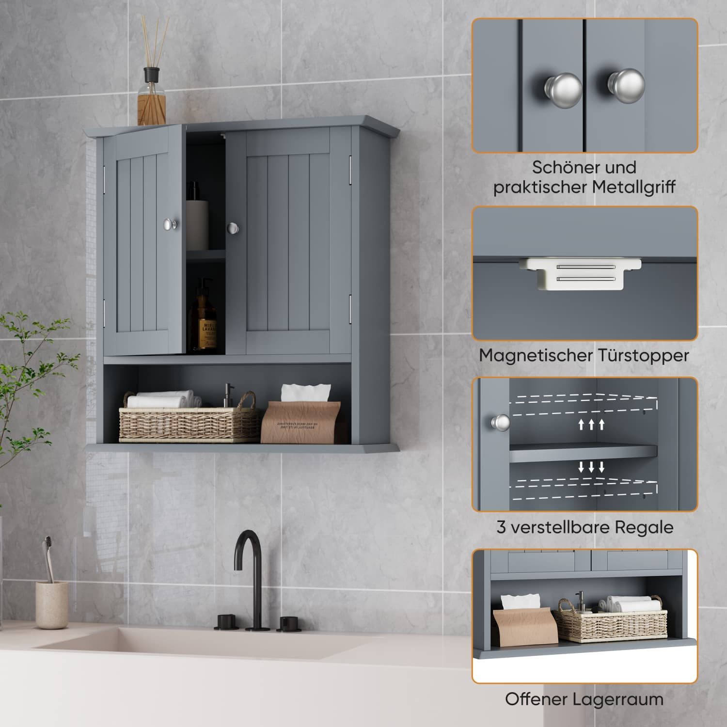 ANYSUN Hängeschrank Wandschrank mit Türen,Stauraum,Bad-Hängeschrank für Wäsche,Badezimmer Wäschekommode mit Wechselbare Trennwand,Drahtziehknopf,55x20x60cm – Bild 3 von 5