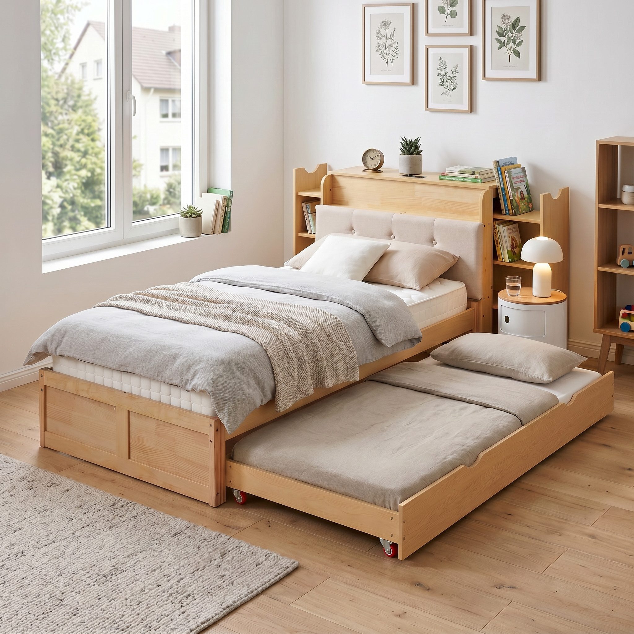 Celya Ausziehbett umwandelbares Einzel- und Doppelbett mit Bücherregal-Kopfteil, ohne Matratze, aus Massivholz und MDF, 90×200 bis 180×200 cm