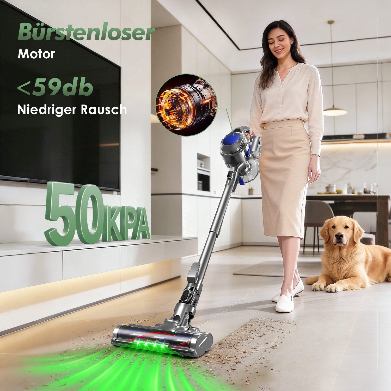 Adormii Akku-Hand-und Stielstaubsauger Akku Staubsauger,Staubsauger Kabellos 50kPa/60Min,GreenEye-Technologie, beutellos, Selbststehendes Design,Staubsauger für Tierhaare,Teppich und Hartboden