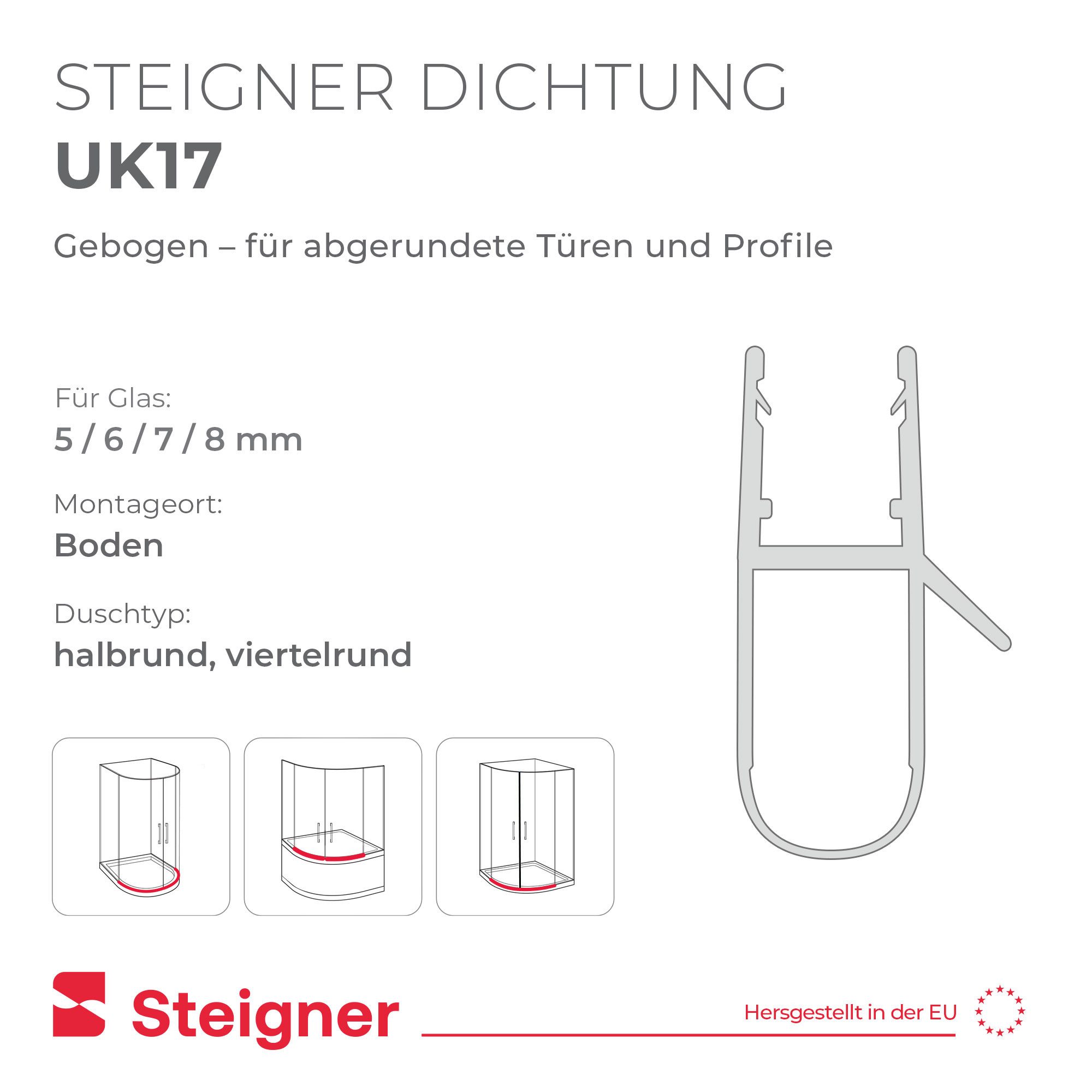 STEIGNER Duschdichtung Duschtürdichtung gebogen UK17 30 cm (1 Stk) Transparent 5-8 mm, L: 30 cm, (1 Stück Packung, Einzeldichtung), Duschdichtung Runddusche ode – Bild 2 von 5
