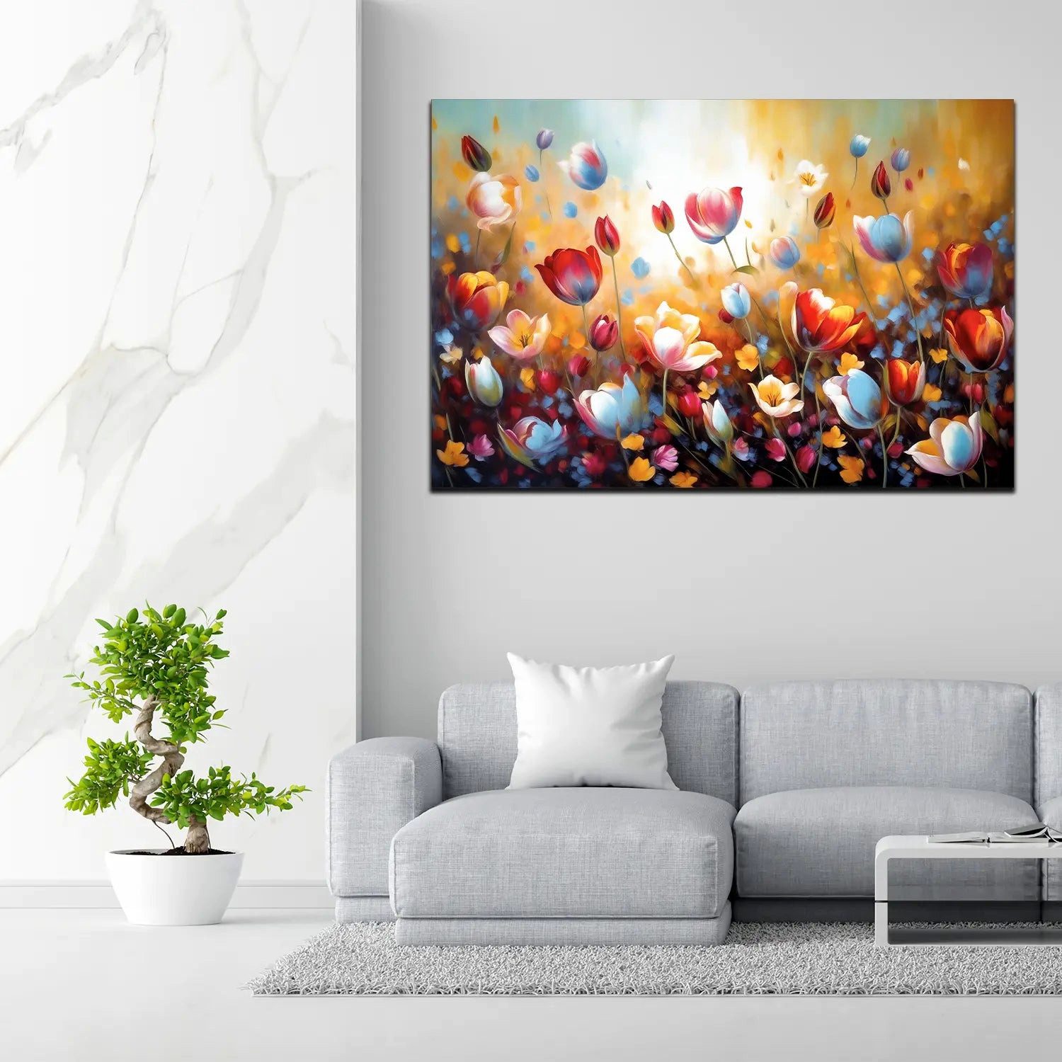 Artedinoi Leinwandbild Tulpen Blumenwiese bunt Ölgemälde Leinwandbild Kunstdruck XL Deko, Blumen, gemalt abstrakt
