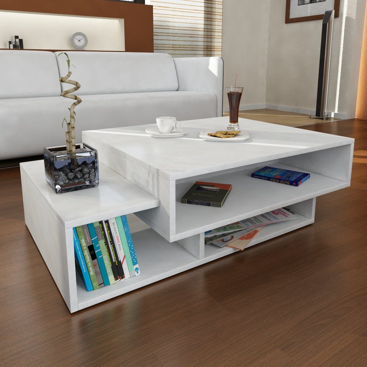 moebel17 Couchtisch Couchtisch Tab Weiß, Couchtisch mit 3 Ablagefächern