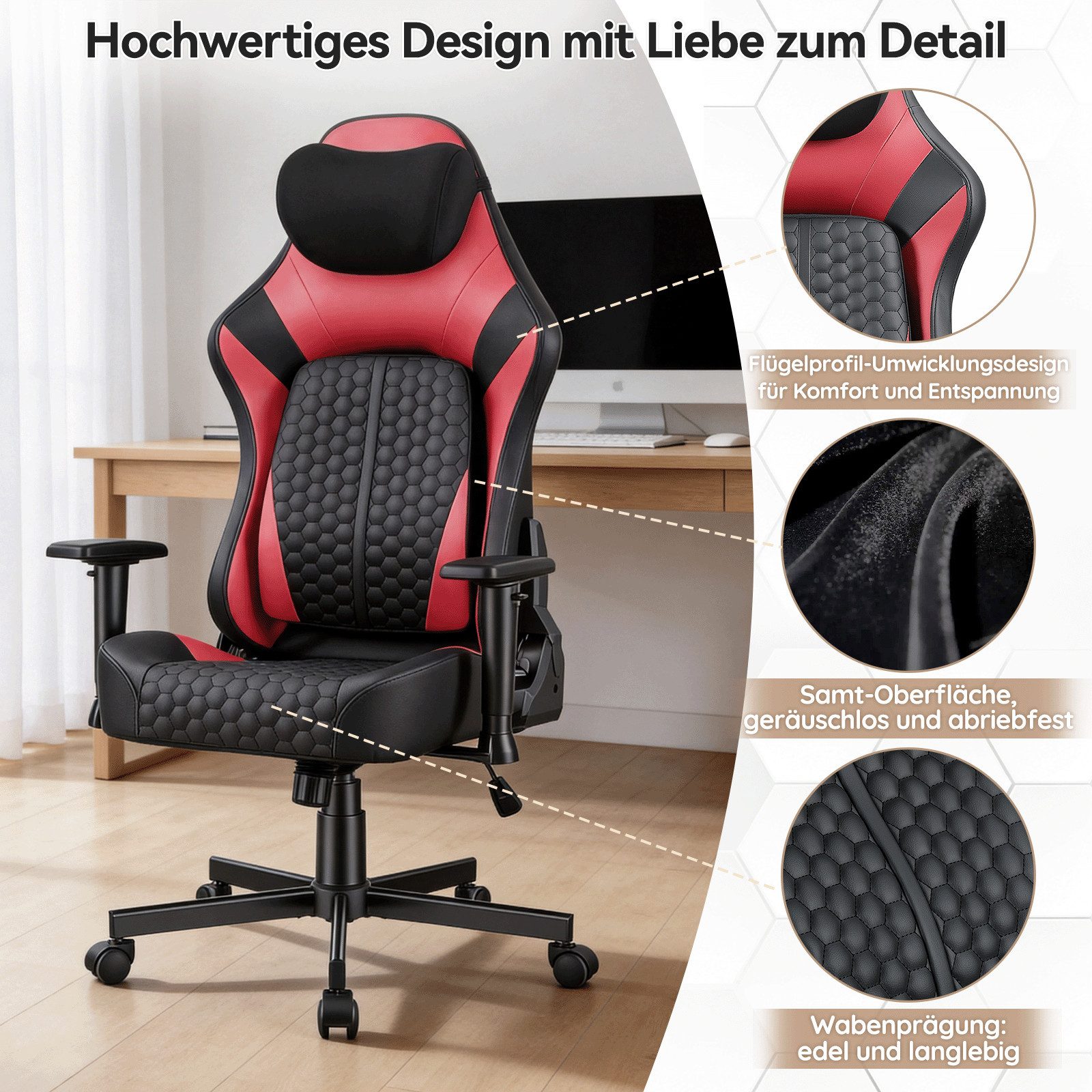 HOMALL Gaming-Stuhl gaming stuhl,mit verstellbarer Lendenstütze 6°-35°, 2D-Armlehnen,Rückenlehne 90°-135° verstellbar,150kg Belastbarkeit – Bild 5 von 5
