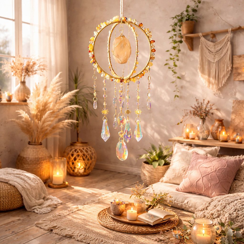 Karmandala Traumfänger Fenster Sonnenfänger mit Kristall, echte Edelsteine, mit Regenbogen Lichtspiel in die Traumwelt