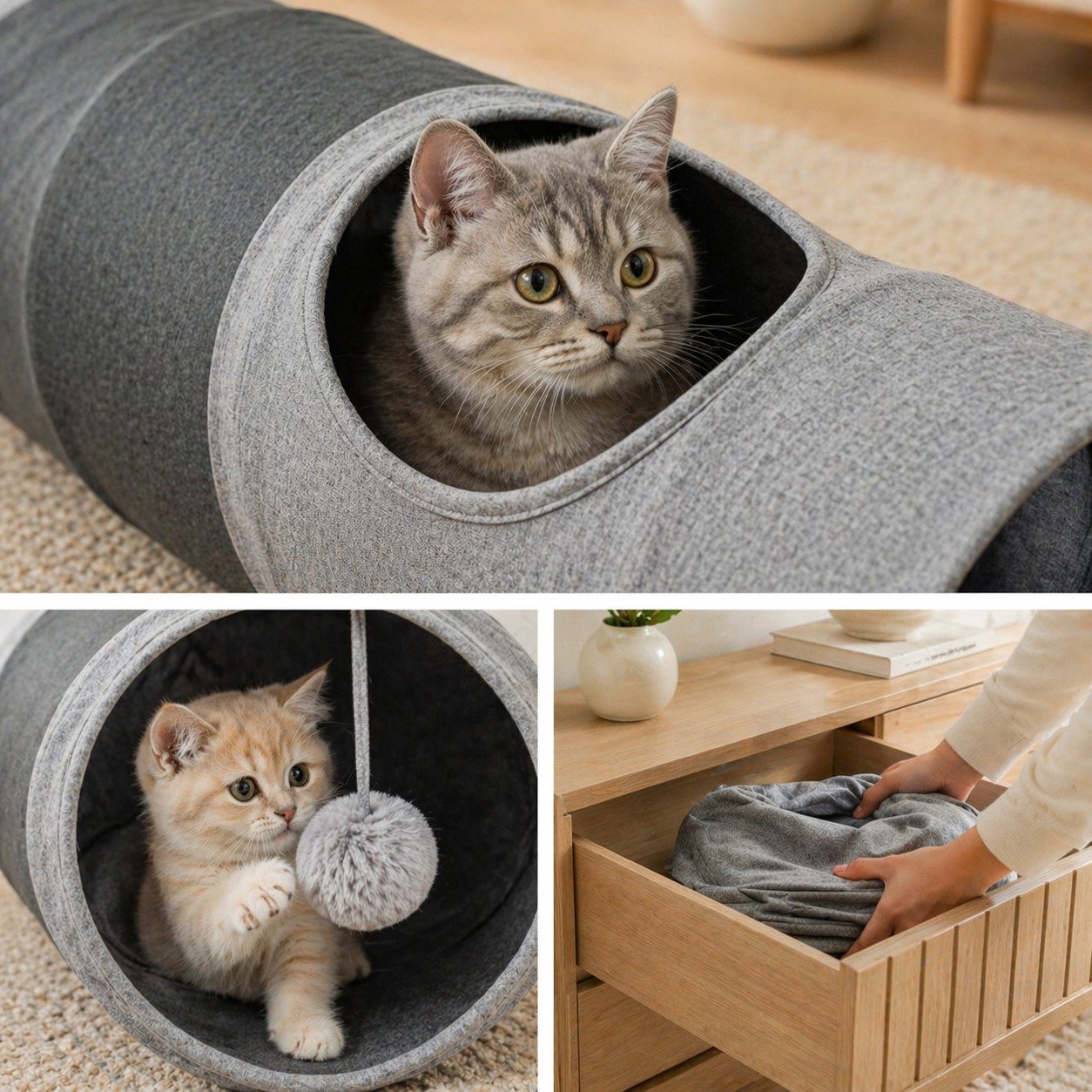 belviona Tierrascheldecke mit Spielball, Katzentunnel platzsparend & robust, 30x70 cm, grau, Textil mit Knisterfolie, (1-tlg) Spieltunnel für Katzen, faltbar & erweiterbar