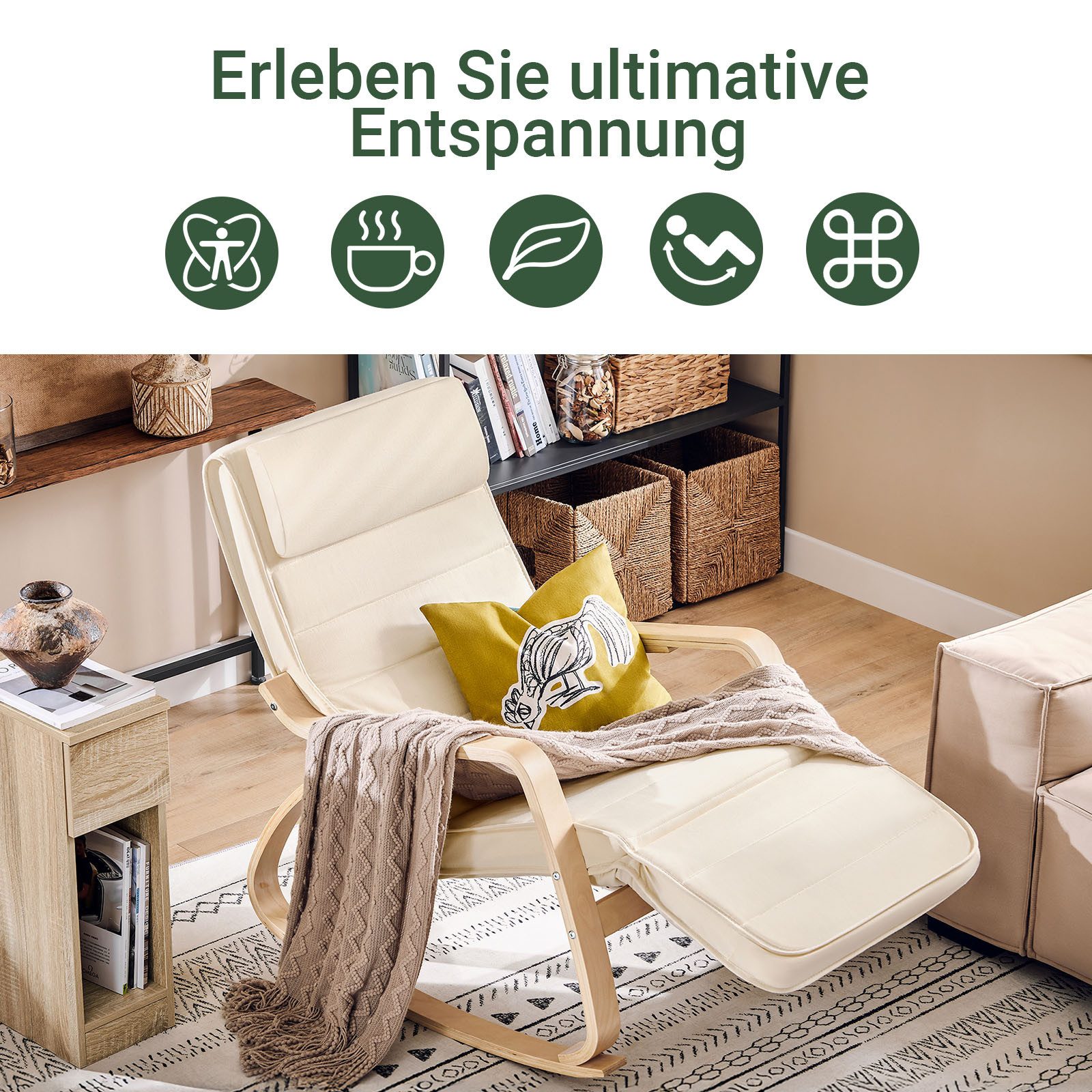 SoBuy Schaukelstuhl FST16, Schaukelsessel Relaxstuhl, für Wohnzimmer Schlafzimmer Balkon, Schwingsessel Relaxsessel 5-fach verstellbare Fußstütze Birkenholz