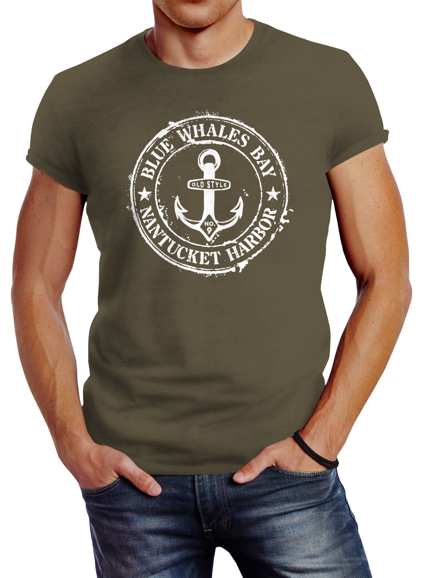 Neverless Print-Shirt Herren T-Shirt Anker Motiv maritim Retro Badge Vintage Anchor Print Neverless® mit Print grün