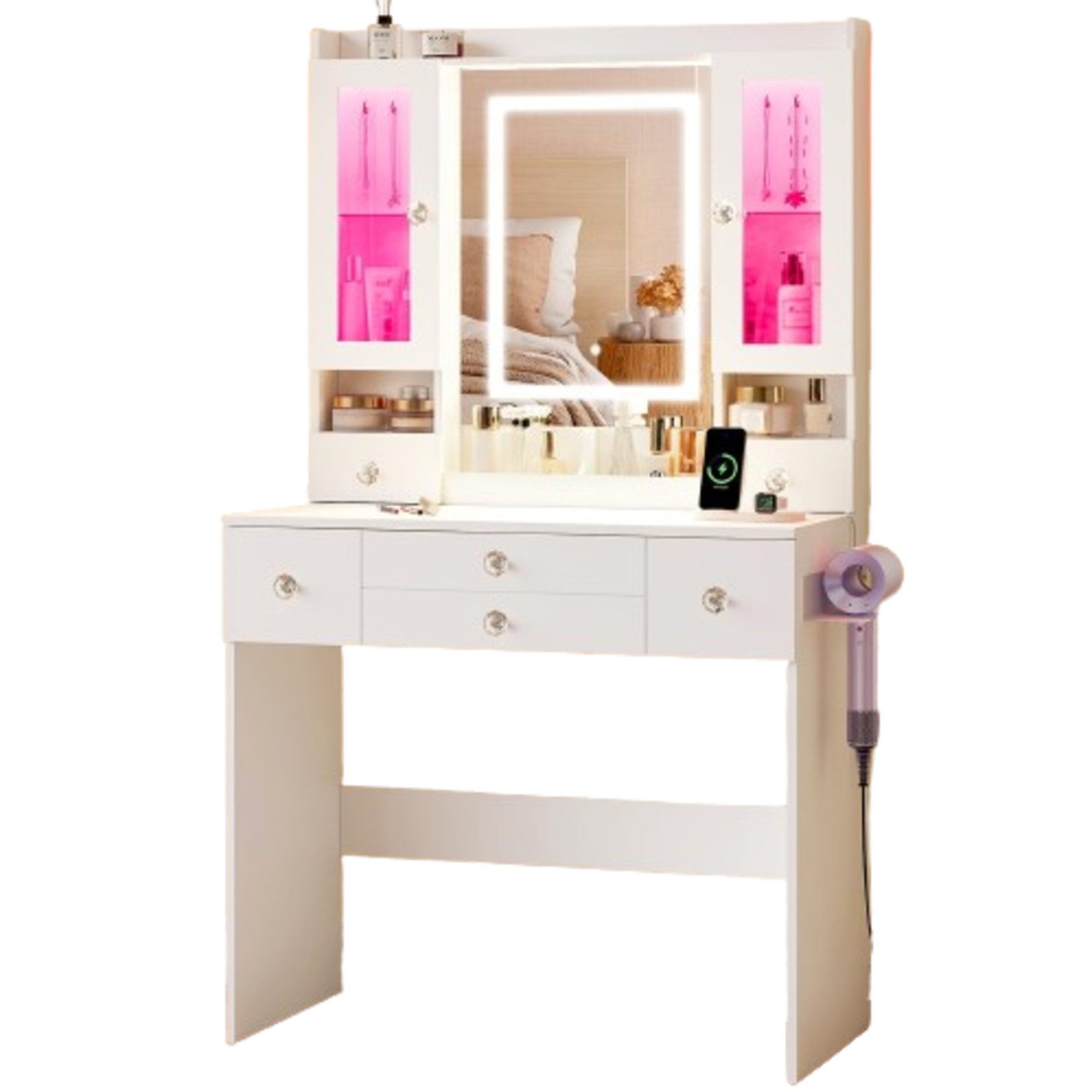 Dripex Schminktisch LED-Spiegel&Vitrine 80cm-USB&Steckdose-RGB-Beleuchtung-Stauraum-Weiß