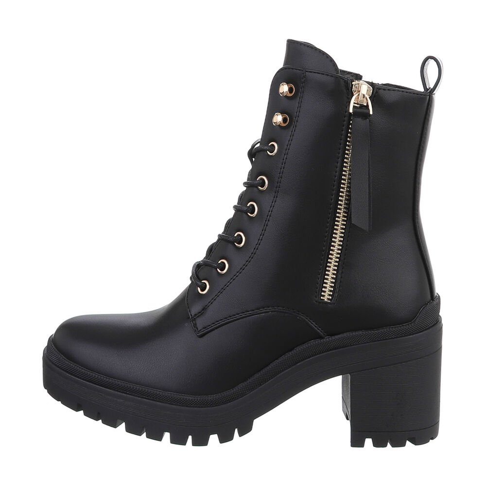 Ital-Design Damen Schnürschuhe Freizeit Schnürstiefelette Blockabsatz High-Heel Stiefeletten in Schwarz