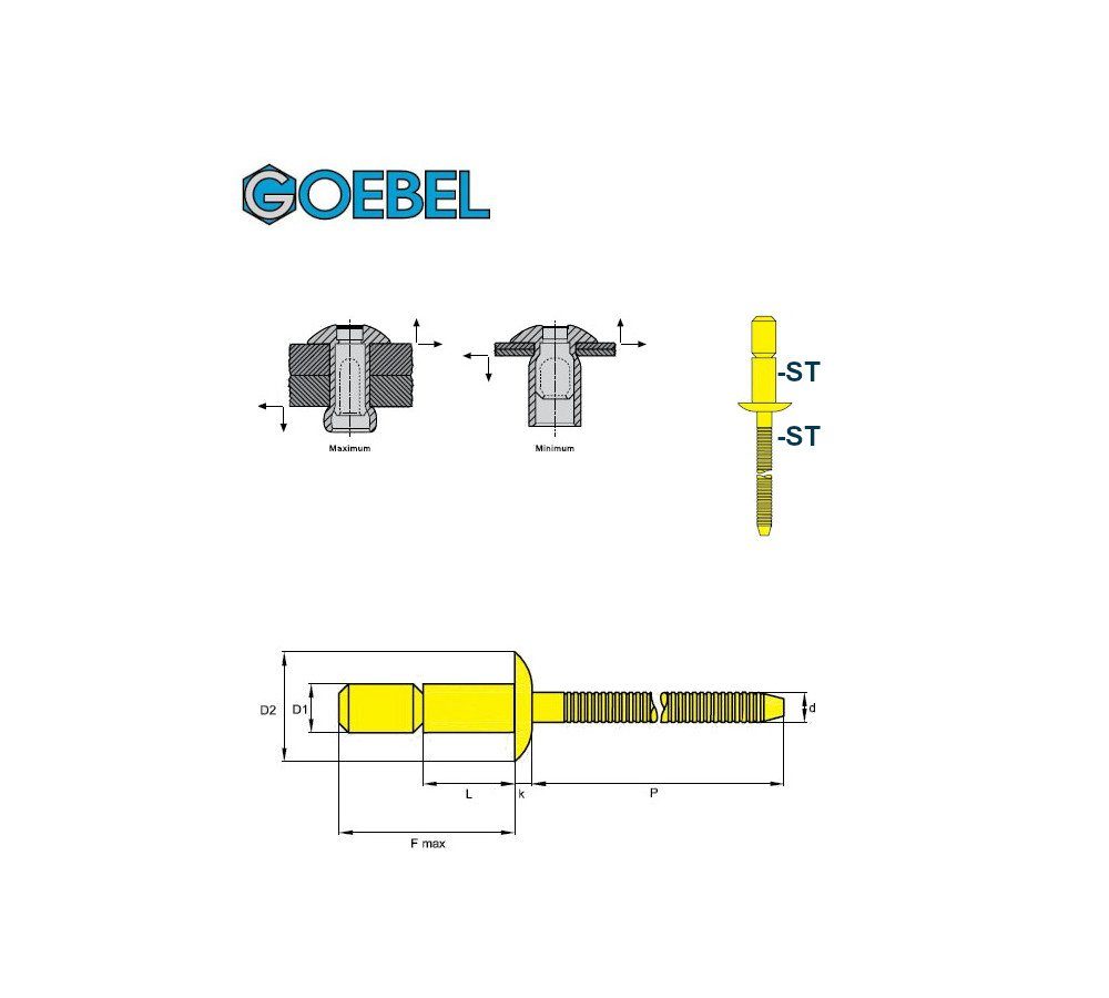 Blindniete Stahl 100 Hochfeste St., GO-LOCK Blindniete 21,3 (100x Nietdorn), GmbH - mit Stahl - mm, Niete 7880509821, 9,8 Flachkopf GOEBEL x / gerilltem