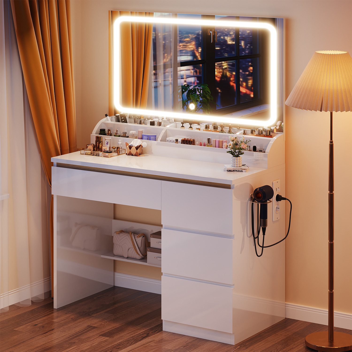 HOMALL Schminktisch Schminktisch mit 80 cm Spiegel und LED-Beleuchtung (Abmessungen: 80 × 40 × 137 cm Mit vier Schubladen und sechs Staufächern Drei einstellbare Farbtemperaturen Zwei USB-Ladeanschlüsse, zwei Netzsteckdosen und eine Halterung für einen